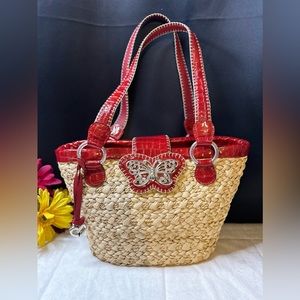 Rare Brighton Straw & Red Leather Trim Shoulder Bag w/Butterfly Magnetic Closure